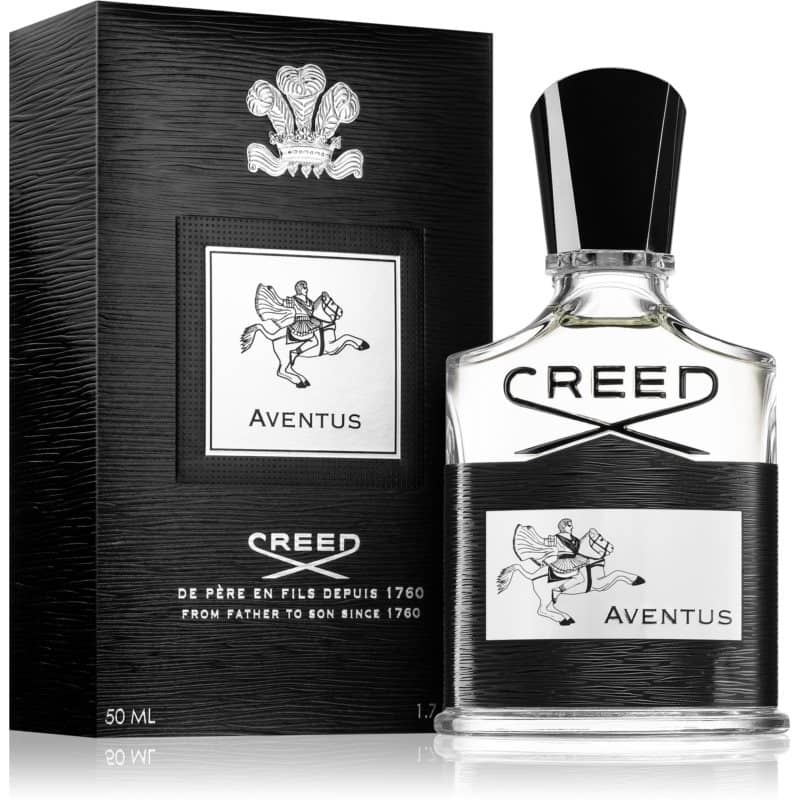 creed aventus eau de parfum flakon 50ml neben schwarzer originalverpackung
