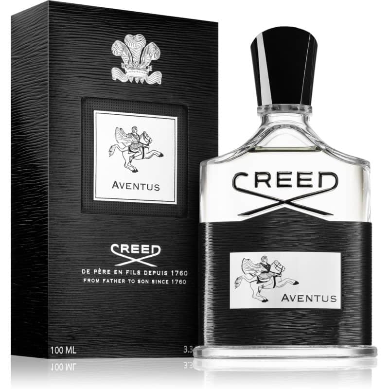 creed aventus eau de parfum flakon 100ml neben schwarzer originalverpackung