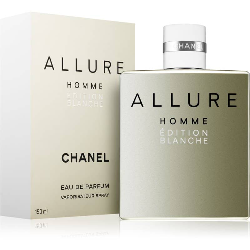 chanel allure homme edition blanche eau de parfum flakon 150ml neben hellgoldener originalverpackung