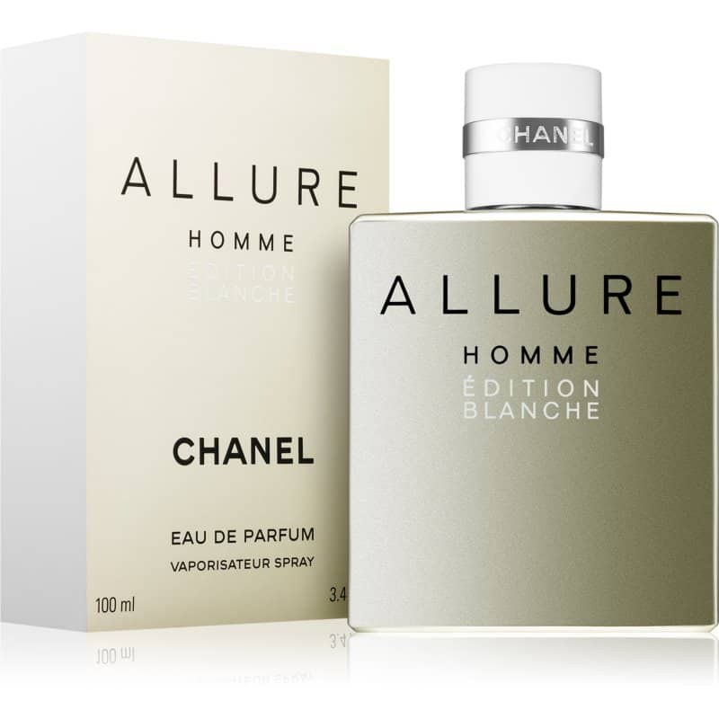 chanel allure homme edition blanche eau de parfum flakon 100ml neben hellgoldener originalverpackung