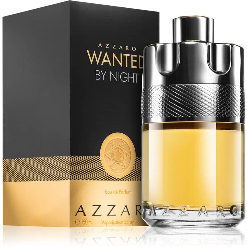 azzaro wanted by night eau de parfum flakon 150ml neben schwarzgoldener originalverpackung