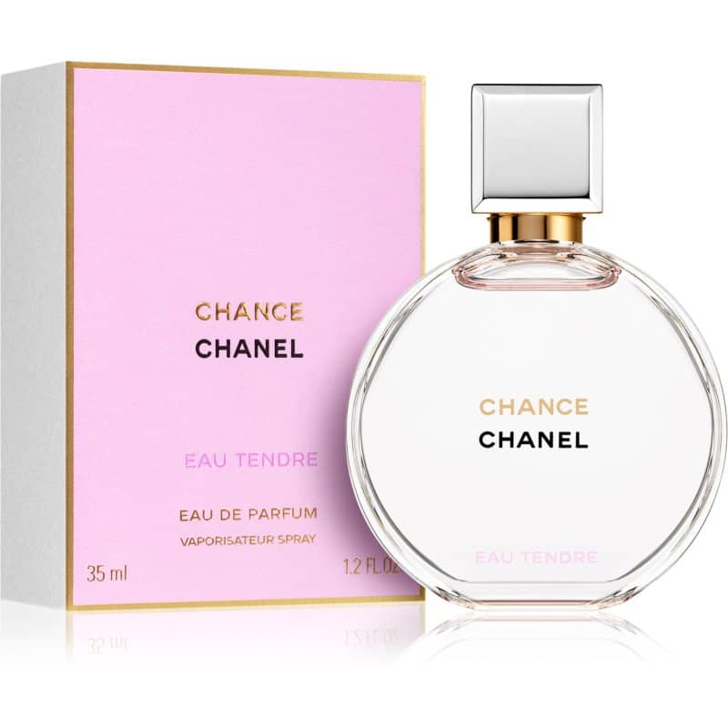 chanel chance eau tendre eau de parfum flakon 35ml neben pinker originalverpackung