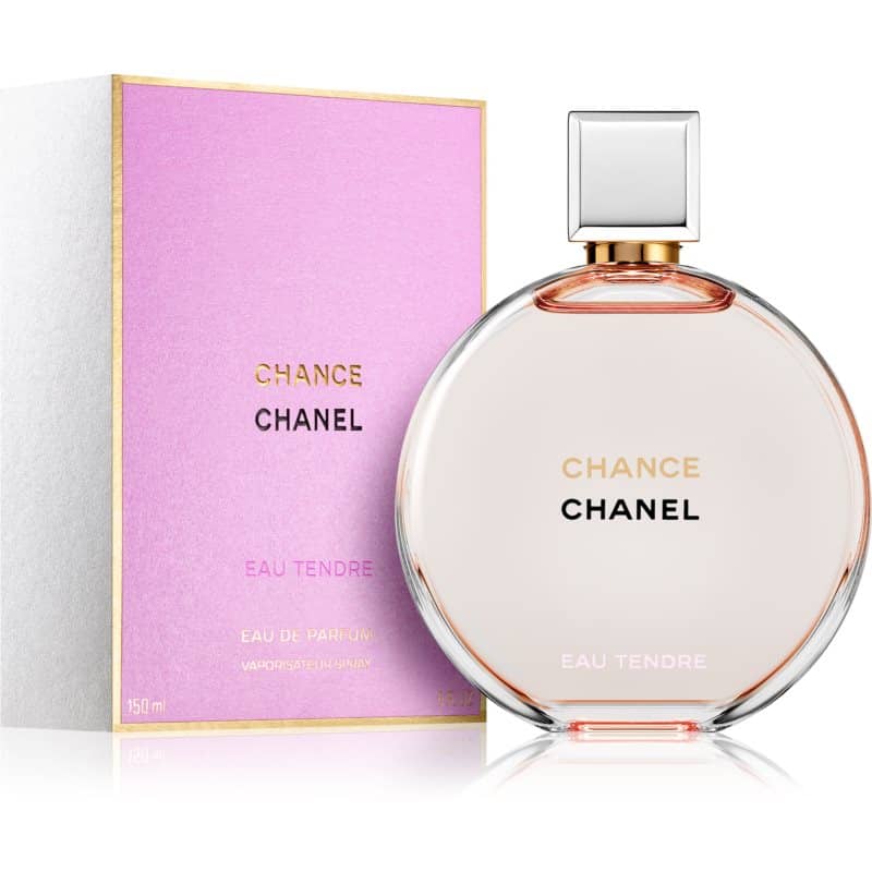 chanel chance eau tendre eau de parfum flakon 150ml neben pinker originalverpackung