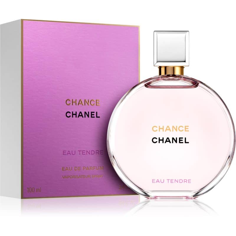 chanel chance eau tendre eau de parfum flakon 100ml neben pinker originalverpackung
