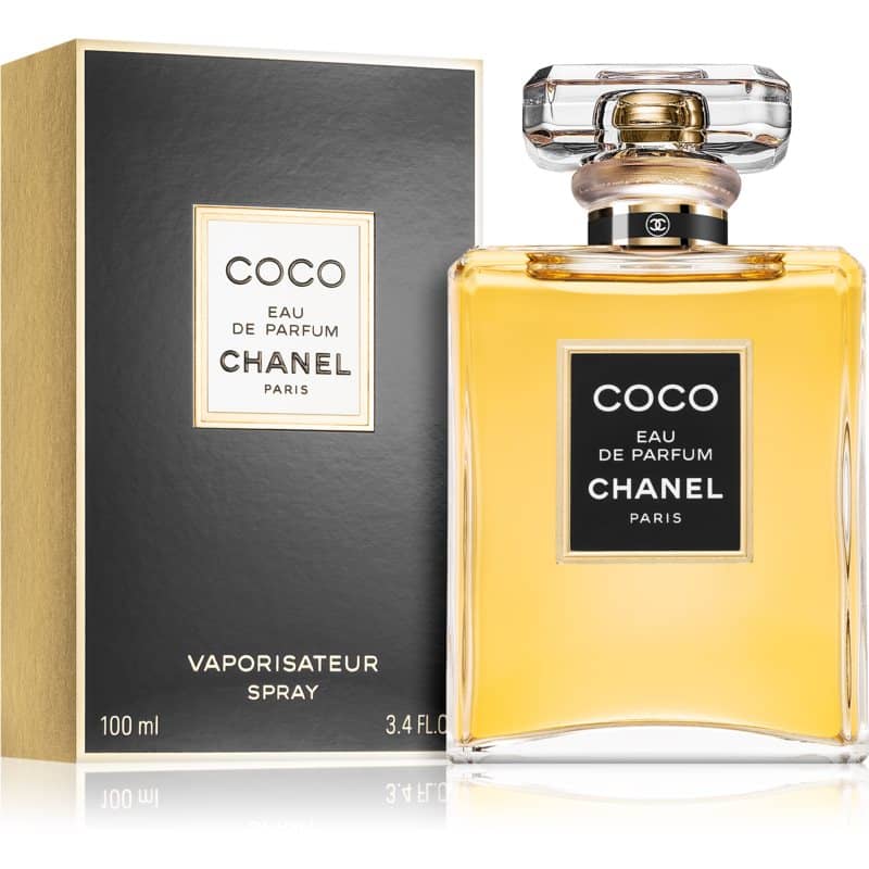 chanel coco eau de parfum flakon 100ml neben schwarz goldener originalverpackung