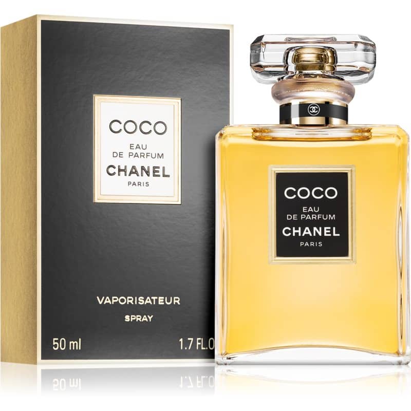 chanel coco eau de parfum flakon 50ml neben schwarz goldener originalverpackung