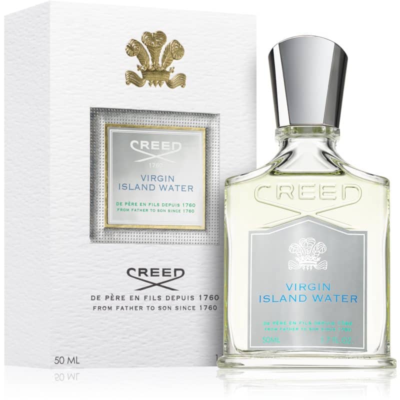 creed virgin island water eau de parfum flakon 50ml neben weißer originalverpackung