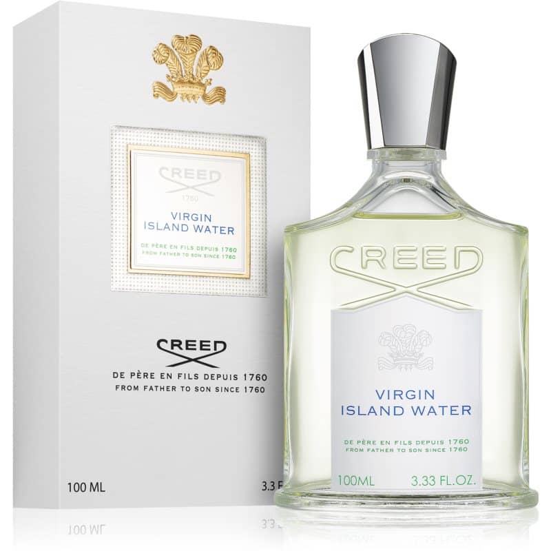 creed virgin island water eau de parfum flakon 100ml neben weißer originalverpackung