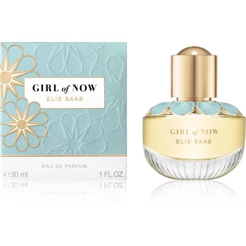 elie saab girl of now eau de parfum flakon 30ml neben hellblauer, mit blumen verzierter originalverpackung