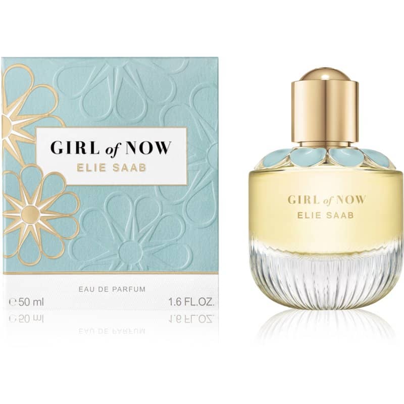 elie saab girl of now eau de parfum flakon 50ml neben hellblauer, mit blumen verzierter originalverpackung
