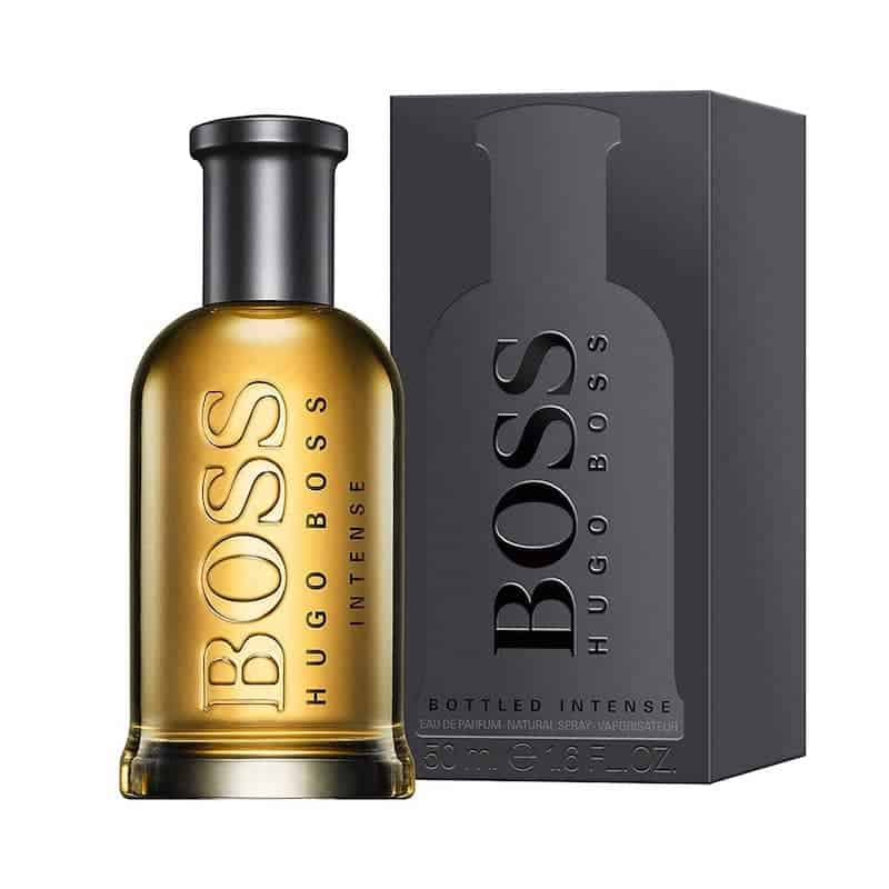 hugo boss boss bottled intense eau de parfum flakon 50ml neben schwarzer originalverpackung
