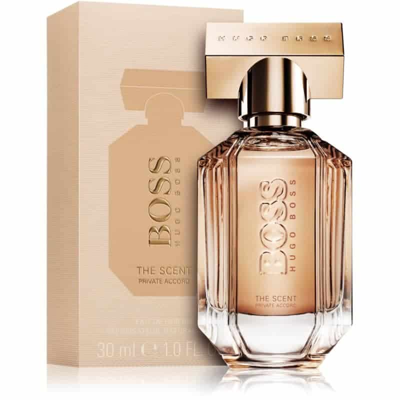 hugo boss the scent private accord eau de parfum flakon 30ml neben hellbrauner originalverpackung