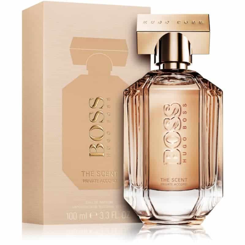hugo boss the scent private accord eau de parfum flakon 100ml neben hellbrauner originalverpackung