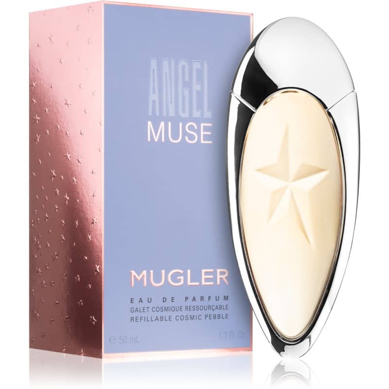 mugler angel muse eau de parfum flakon 50ml neben pink lilaner, mit kleinen sternen verzierter originalverpackung