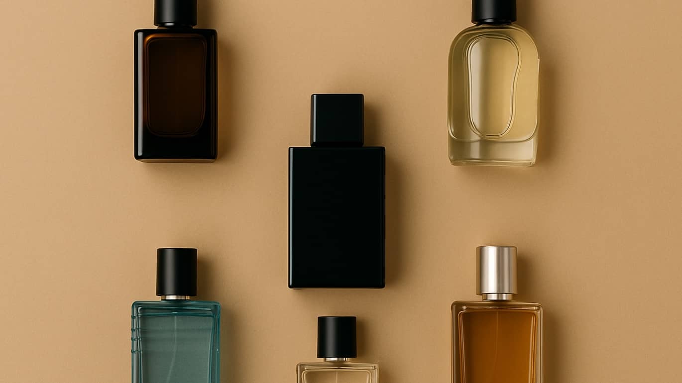 Unterschiedliche, maskuline Parfum-Flakons vor neutralem Hintergrund