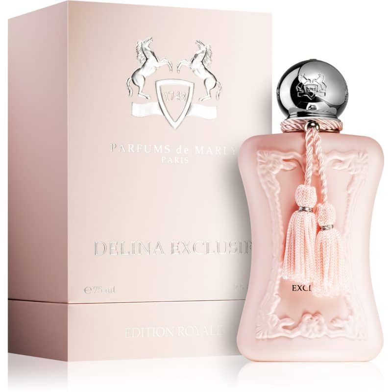 parfums de marly delina exclusif eau der parfum flakon 75ml neben rosaner originalverpackung