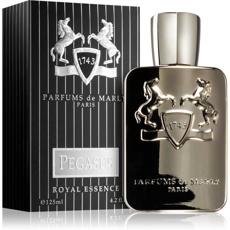 parfums de marly pegasus eau de parfum flakon 125ml neben grau gestreifter originalverpackung