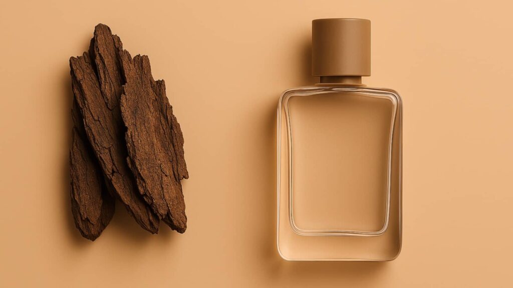 Femininer Parfum-Flakon mit beigem Deckel und Treibholz auf beigem Hintergrund