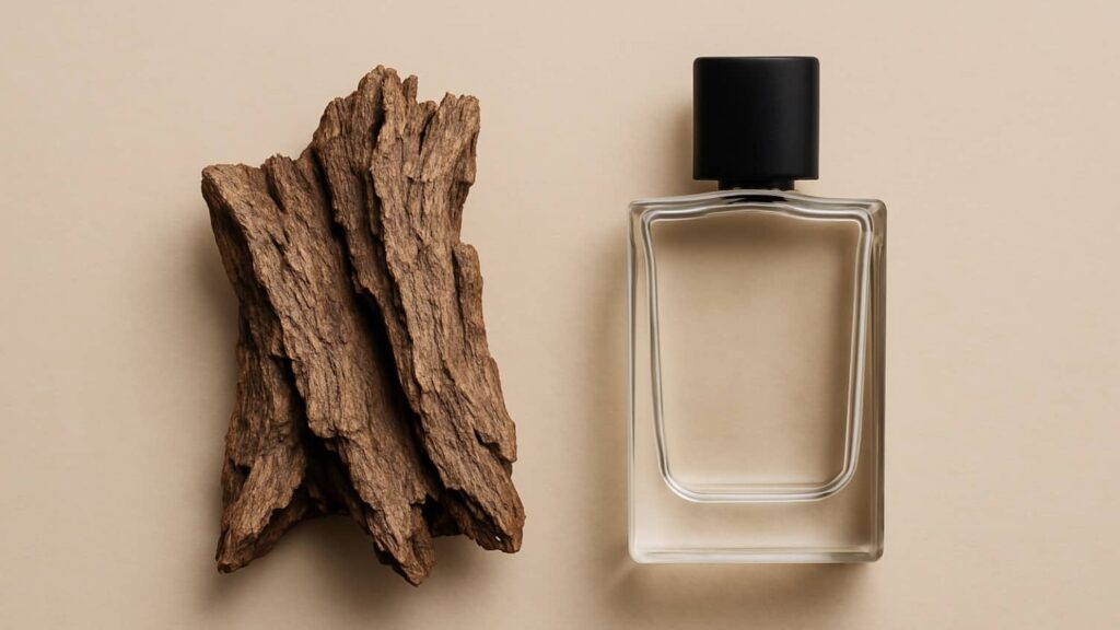 Maskuliner Parfum-Flakon mit beigem Deckel und Treibholz auf beigem Hintergrund