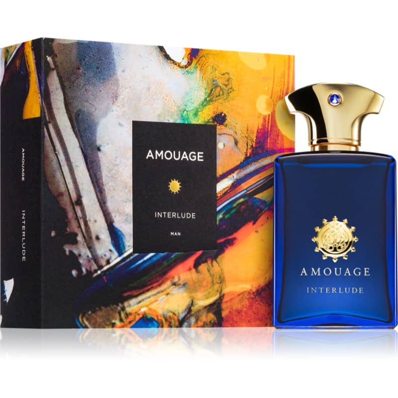 amouage interlude man eau de parfum flakon 100ml neben bunter originalverpackung