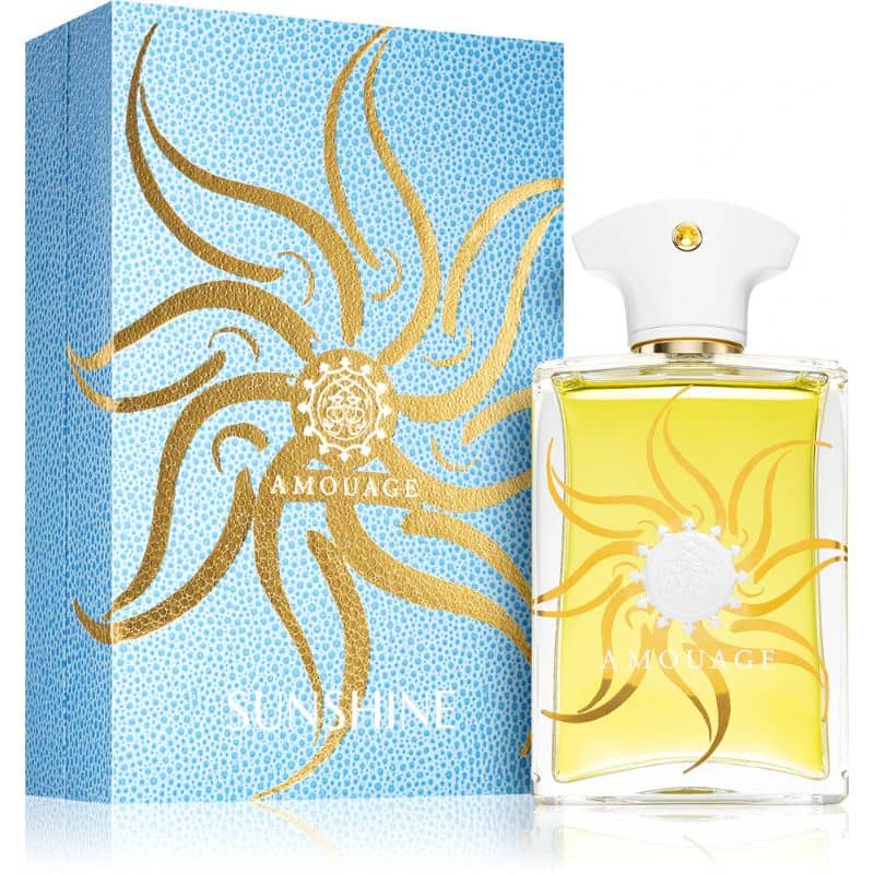 amouage sunshine man eau de parfum flakon 100ml neben blauer originalverpackung