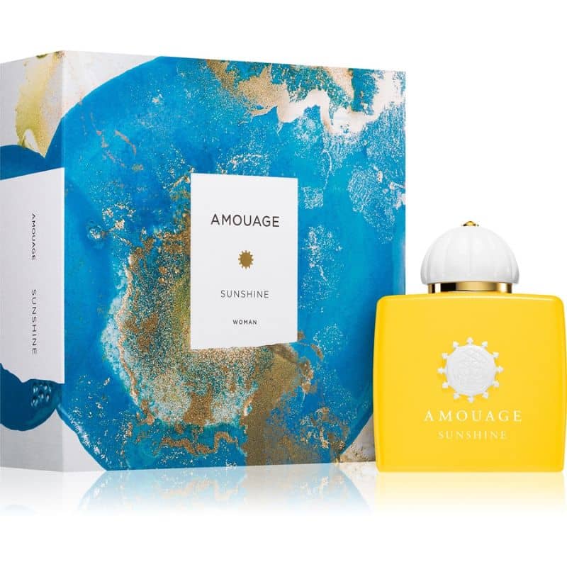 amouage sunshine woman eau de parfum flakon 100ml neben blauer originalverpackung