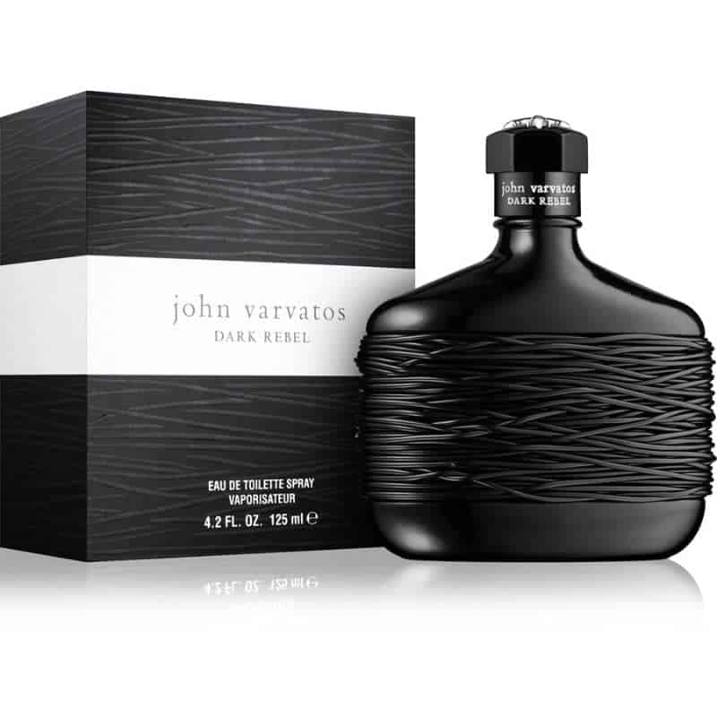 john varvatos dark rebel eau de toilette flakon 125ml neben schwarzer originalverpackung im flechtmuster