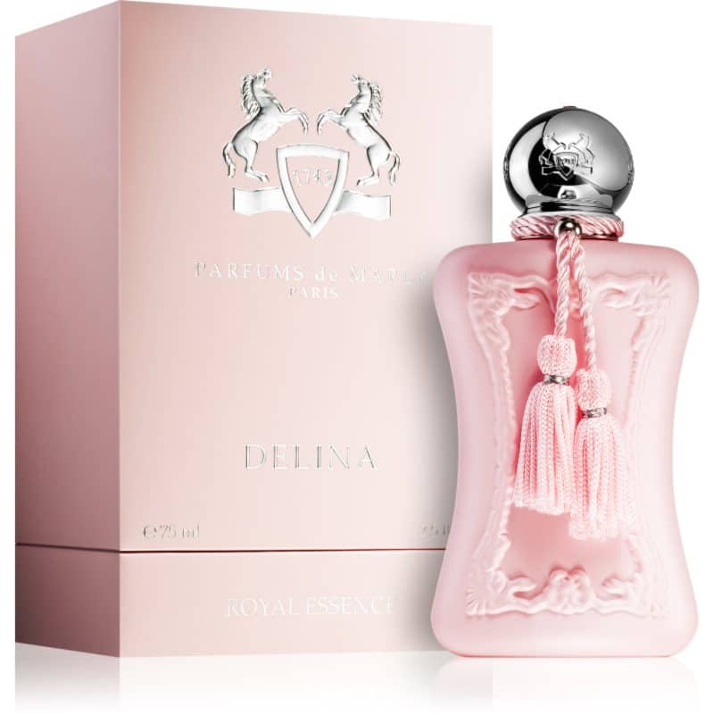 parfums de marly delina eau de parfum 75ml flakon neben rosa originalverpackung