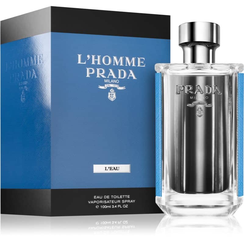 prada lhomme leau eau de toilette flakon 100ml neben blauer originalverpackung