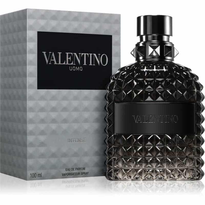 valentino uomo intense eau de parfum flakon 100ml neben silberner originalverpackung