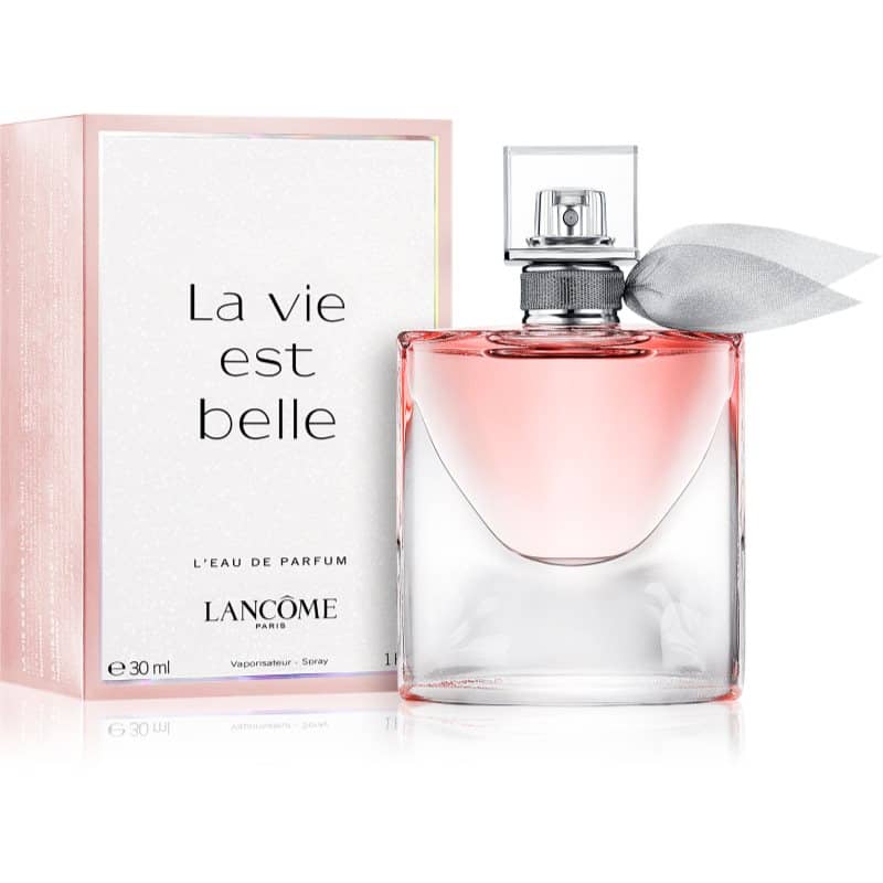 lancome la vie est belle eau de parfum rosa flakon neben rosa box 30 ml mit schleife