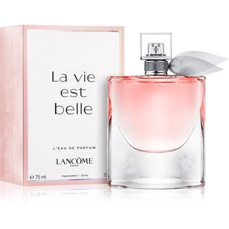 lancome la vie est belle eau de parfum rosa flakon neben rosa box 75 ml mit schleife