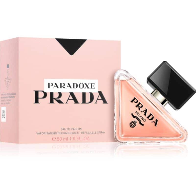 prada paradoxe eau de parfum rosa flakon 50 ml neben box