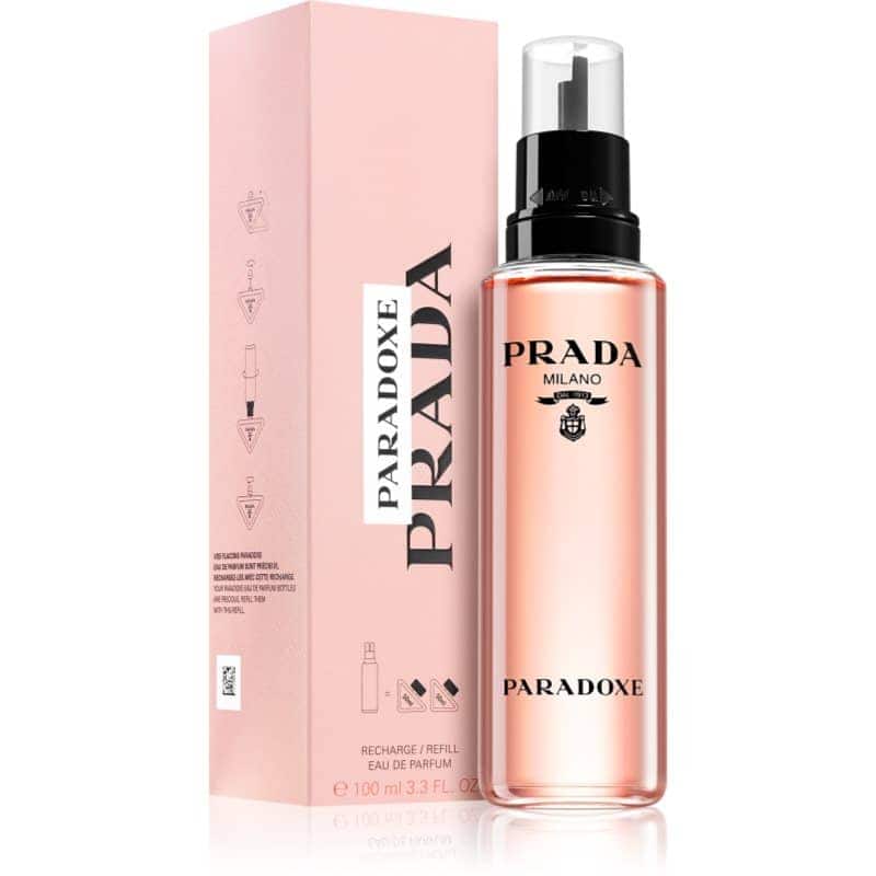 prada paradoxe eau de parfum rosa flakon neben box 100 ml refill