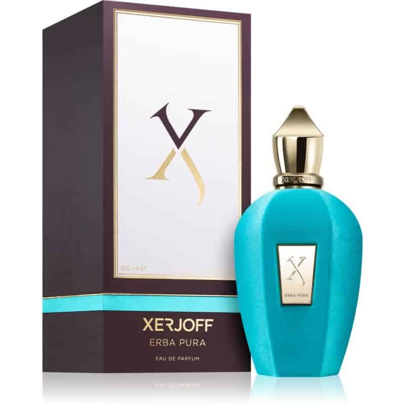 xerjoff erba pura eau de parfum blauer flakon neben brauner box 100 ml