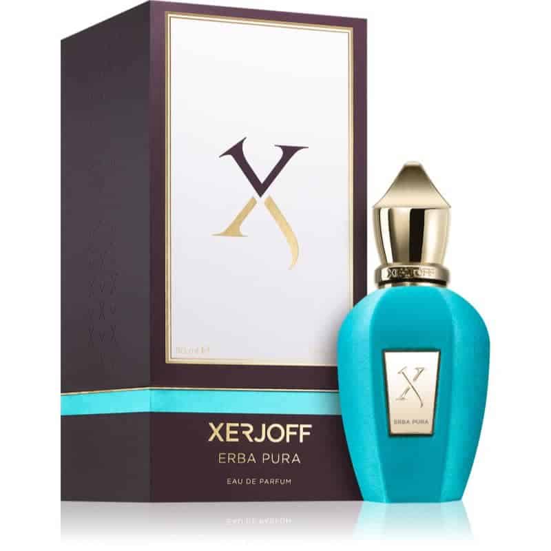 xerjoff erba pura eau de parfum blauer flakon neben brauner box 50 ml