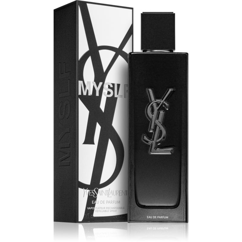 yves saint laurent myslf eau de parfum schwarzes flakon 100 ml neben schwarz-weisser box
