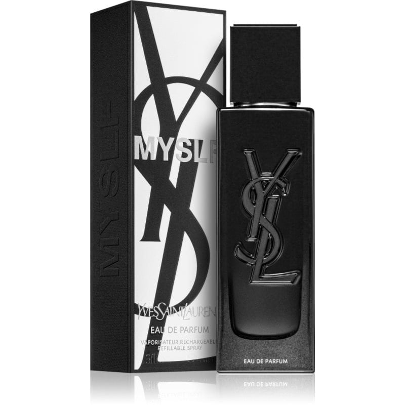 yves saint laurent myslf eau de parfum schwarzes flakon 40 ml neben schwarz-weisser box