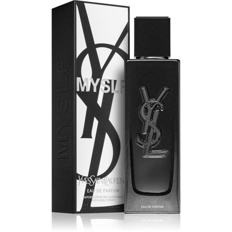 yves saint laurent myslf eau de parfum schwarzes flakon 60 ml neben schwarz-weisser box