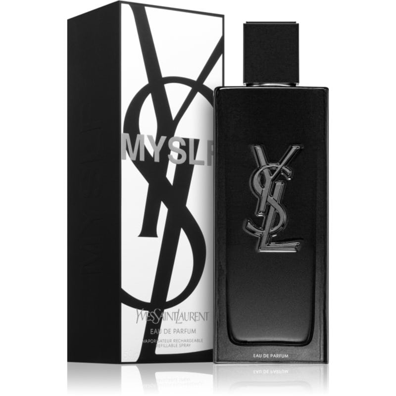 yves saint laurent myslf eau de parfum schwarzes flakon 150 ml neben schwarz-weisser box