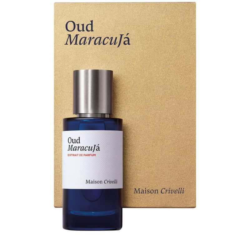 maison crivelli oud maracuja extrait de parfum blauer flakon neben brauner box 100ml